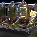 Futuristic Art Installation With Transparent Glass Containers Green Plants Blue Lighting Pipes And FOODSCAPE Label