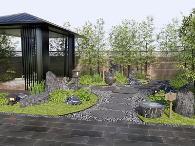 Serene Courtyard Garden With Black Pavilion Green Plants Stone Path Rocks And Lanterns 3d model