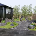 Serene Courtyard Garden With Black Pavilion Green Plants Stone Path Rocks And Lanterns