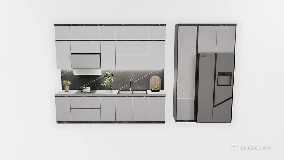Modern Kitchen Cabinets Interior Design With Upper Lower Units Sink And Plants 3d model