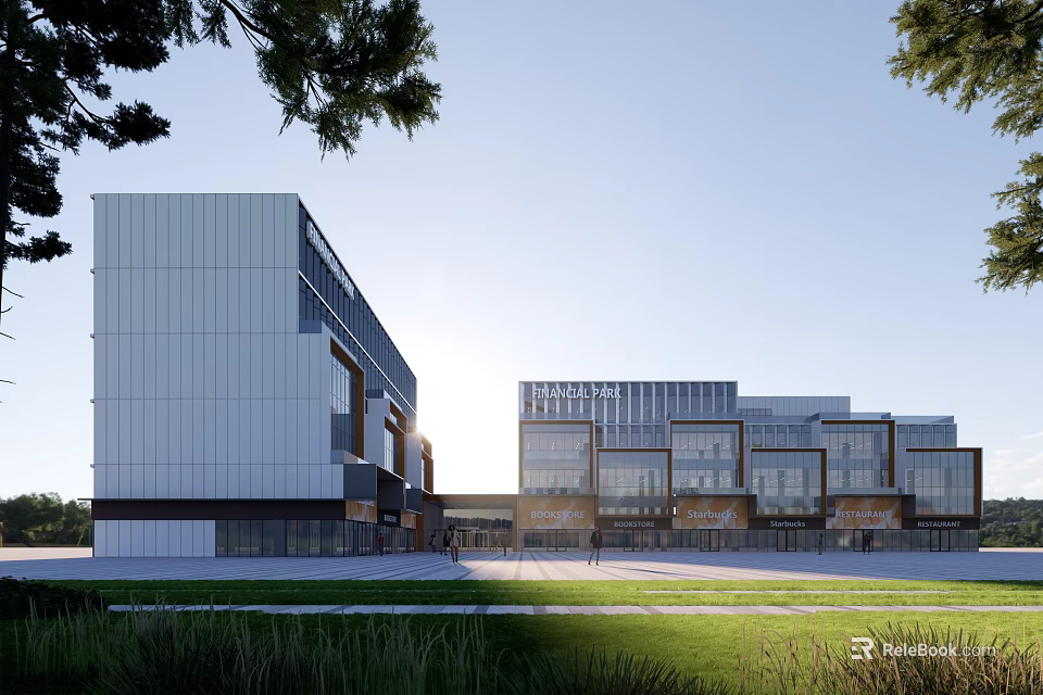 Modern Office Building Exterior Design With Multiple Buildings Green Lawn And Trees 3d model 