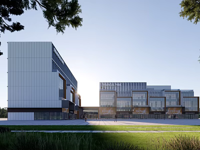 Modern Office Building Exterior Design With Multiple Buildings Green Lawn And Trees 3d model