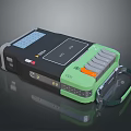 Practical Portable Computer Device With Screen Buttons Ports And Black Green Carrying Strap