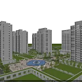 Modern High Rise Residential Buildings With Landscaped Gardens Central Fountain And Open Green Spaces