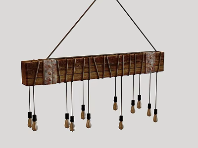 Wooden Chandelier with Long Rectangular Design Multiple Bulbs Brown Holders White Bulb Sections Minimalist Natural 3d model