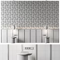 Modern Bedroom Bed Accent Wall With Geometric Tiles Wood Panels And Pendant Lights