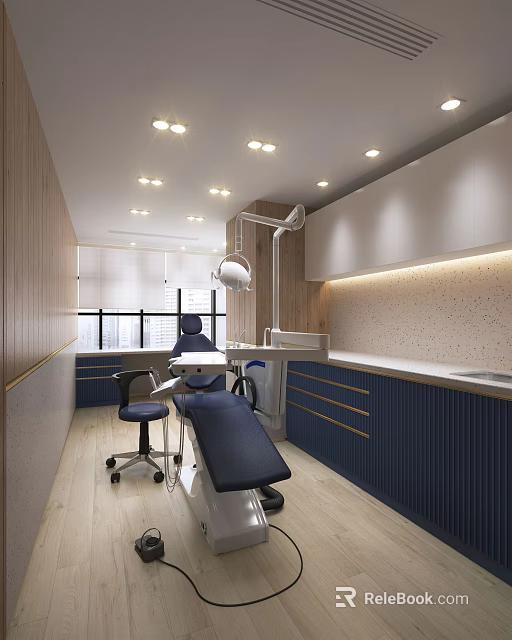 Modern Dental Clinic Interior With Dental Chair Cabinets Counter And Lighting 3d model 