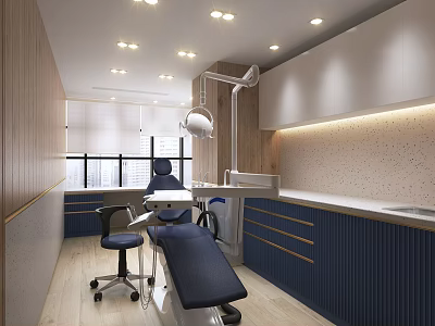 Modern Dental Clinic Interior With Dental Chair Cabinets Counter And Lighting 3d model
