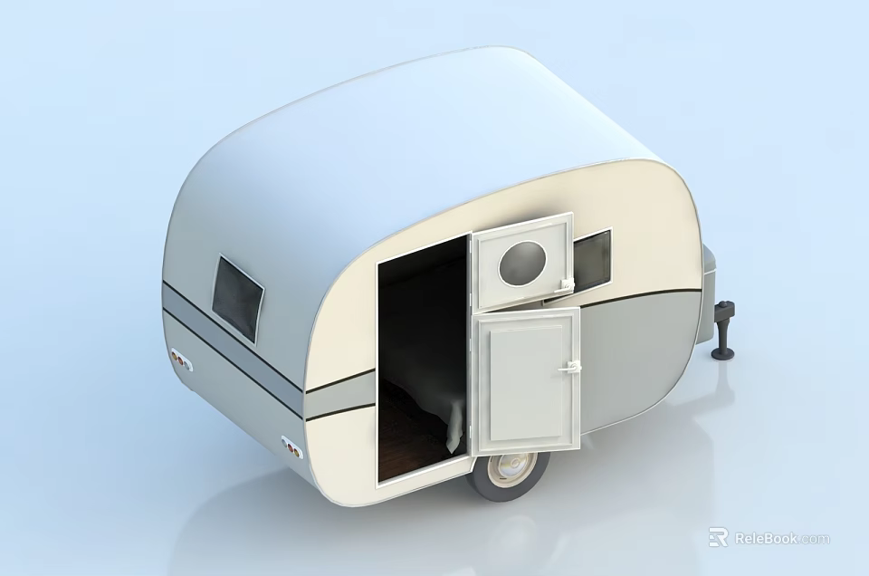 Modern Silver Caravan With Open Door Windows Wheels And Interior Space 3d model 