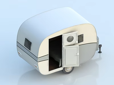 Modern Silver Caravan With Open Door Windows Wheels And Interior Space 3d model