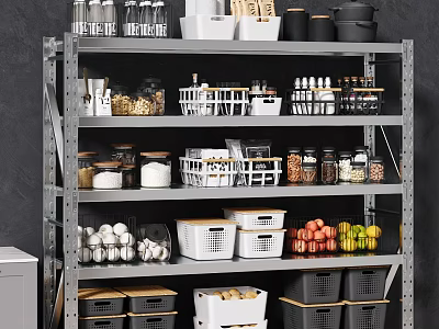 Organized Metal Display Shelving With Clear Glass Jars Storage Baskets And Colorful Fruits 3d model