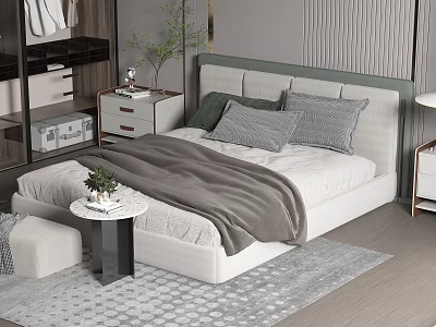 Modern Double Bed Interior With Headboard Pillows Blanket Bedside Table Plant And Rug 3d model