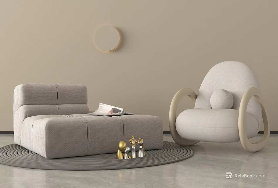 Modern Lounge Chair with Round Wooden Arms Beige Cushion on Grey Rug and Gold Decor 3d model 
