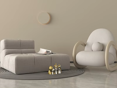 Modern Lounge Chair with Round Wooden Arms Beige Cushion on Grey Rug and Gold Decor 3d model