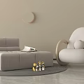 Modern Lounge Chair with Round Wooden Arms Beige Cushion on Grey Rug and Gold Decor