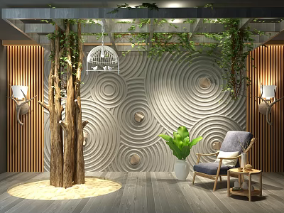 Indoor Garden Accents With Tree Trunks Green Plant Wavy Wall Design And Wooden Decor 3d model