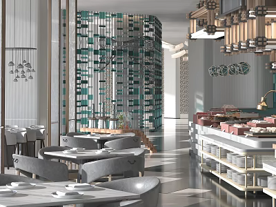 Modern Restaurant Interior Design With Grille Decor Wall Pendant Lights Dining Tables And Buffet Counter 3d model