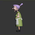 Cheerful Elderly Woman With Purple Hair Wearing Glasses Green Shirt And White Apron Arms Outstretched