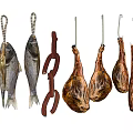 Hanging Dried Fish Sausages and Cured Ham for Traditional Food Preservation