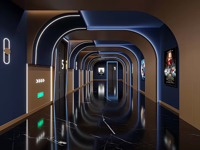 Modern Cinema Corridor With Arched Ceilings Neon Lights And Posters 3d model