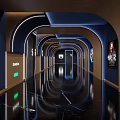 Modern Cinema Corridor With Arched Ceilings Neon Lights And Posters 3d model