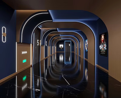 Modern Cinema Corridor With Arched Ceilings Neon Lights And Posters 3d model