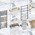 Modern Bathroom Cabinet Rack With Black Metal Towel Holders And Marble Wall Storage