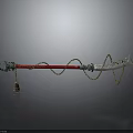 Traditional Decorative Weapon with Red Long Pole Green Decorated Head Golden Chains and Tassel End