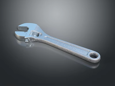 Silver Adjustable Wrench on Black Smooth Surface with Reflection and Shiny Finish 3d model
