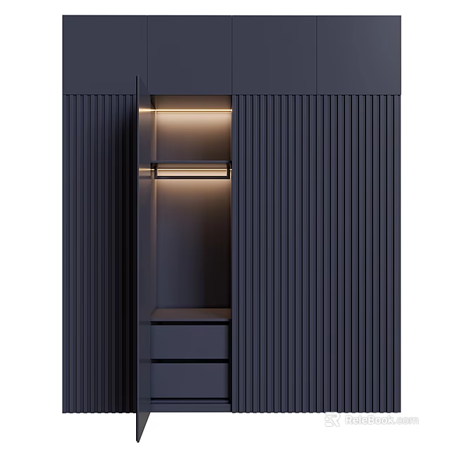 Modern Dark Wardrobe With Vertical Slat Panels Illuminated Open Shelf And Drawers 3d model 