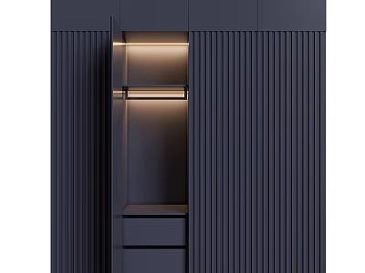 Modern Dark Wardrobe With Vertical Slat Panels Illuminated Open Shelf And Drawers 3d model