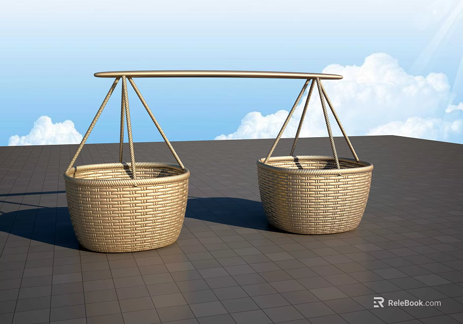 Freshly Harvested Crops Placed in Woven Bamboo Baskets on Tile Surface 3d model 
