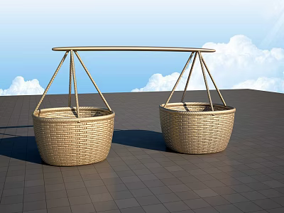 Freshly Harvested Crops Placed in Woven Bamboo Baskets on Tile Surface 3d model