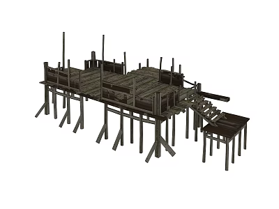 Ancient Wooden Stilted Structure With Platforms Stairs And Supporting Pillars 3d model
