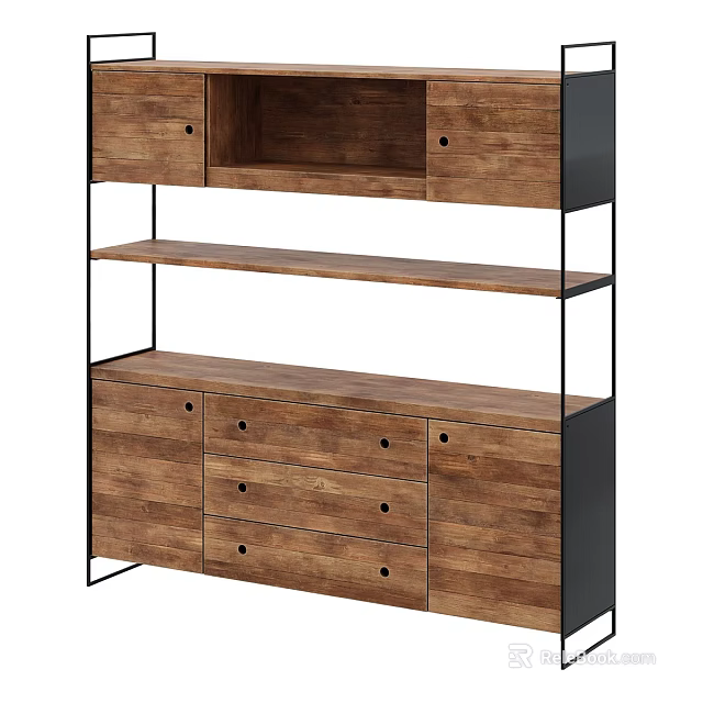Modern Wooden Decorative Cabinet With Open Shelves Drawers And Metal Frame 3d model 