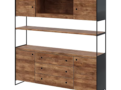 Modern Wooden Decorative Cabinet With Open Shelves Drawers And Metal Frame 3d model