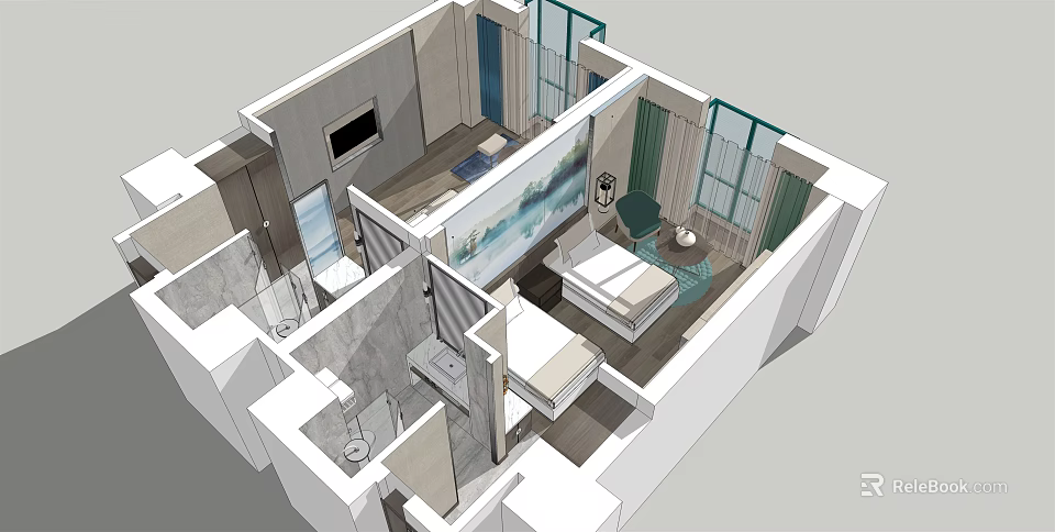 Modern Hotel Room Interior With Bedroom Bathroom Shower TV And Glass Partitions 3d model 