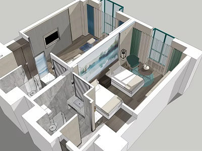 Modern Hotel Room Interior With Bedroom Bathroom Shower TV And Glass Partitions 3d model
