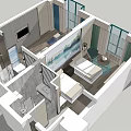 Modern Hotel Room Interior With Bedroom Bathroom Shower TV And Glass Partitions