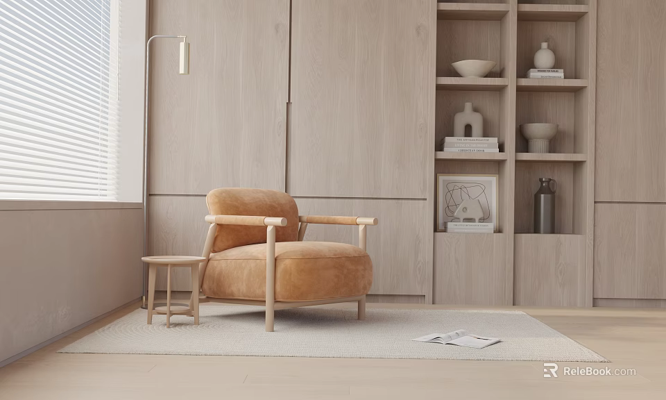 Tan Upholstered Modern Armchair in Living Room with Side Table Floor Lamp Wooden Bookshelf Rug 3d model 