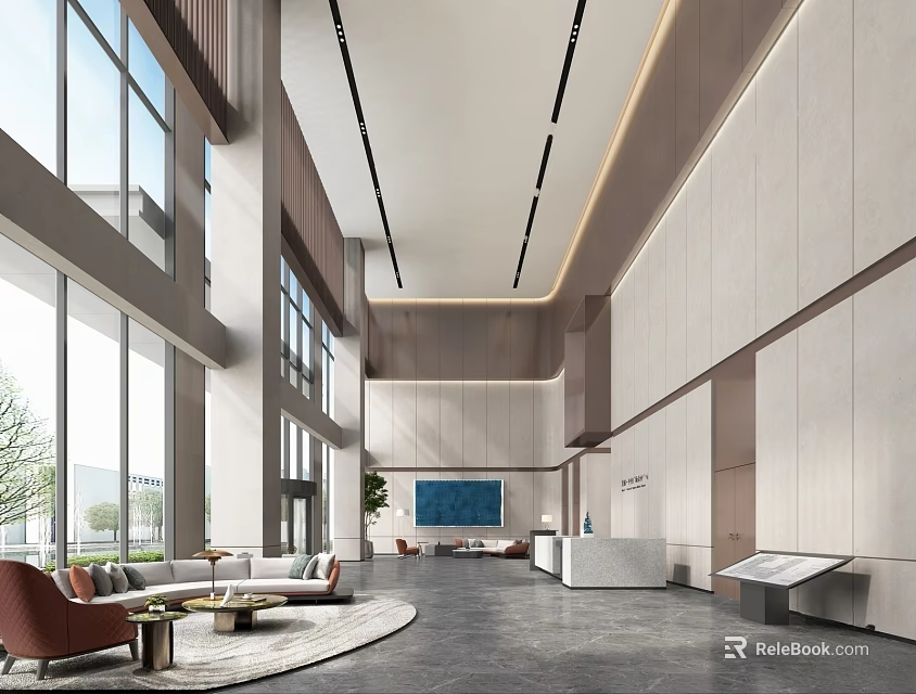 Modern Front Desk Reception Area In Spacious Lobby With Large Windows And Comfortable Sofas 3d model 