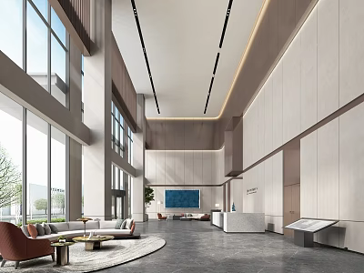 Modern Front Desk Reception Area In Spacious Lobby With Large Windows And Comfortable Sofas 3d model