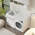 Home Balcony Interior With White Cabinets Washing Machine Sink Green Plant And Floor Lamp