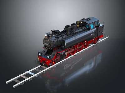 Classic Black And Red Steam Train On Railway Track With Metallic Texture And Dark Background 3d model
