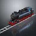 Classic Black And Red Steam Train On Railway Track With Metallic Texture And Dark Background