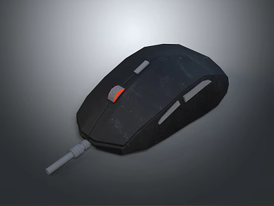 Black Wired Computer Mouse With Gray Buttons And Orange Indicator Light 3d model