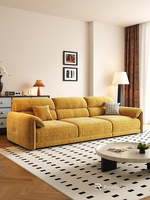 Yellow Velvet Spacious Sofa and Round Coffee Table Set with Throw Pillows and Wall Art 3d model 