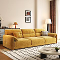Yellow Velvet Spacious Sofa and Round Coffee Table Set with Throw Pillows and Wall Art