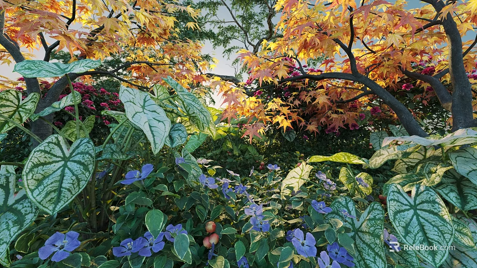 Vibrant Garden Shrubs With Yellow Orange Foliage Purple Flowers And Green Leaves 3d model 
