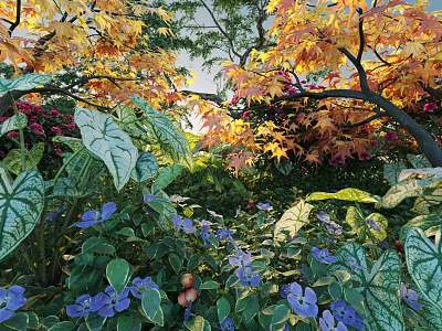 Vibrant Garden Shrubs With Yellow Orange Foliage Purple Flowers And Green Leaves 3d model